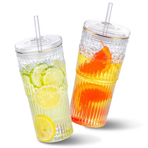 FULGNU Glass Cups with Lids and Straws, 24 OZ Glass Tumbler with Straw and Lid Iced Coffee Cups, High Borosilicate Glasses Clear Glass Cups Set for Cocktail,Smoothie,Water | Amazon (US)