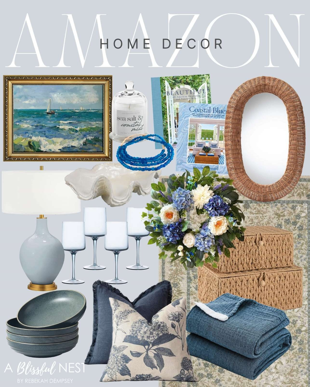 These Amazon home decor finds make every space feel fresh for summer. Snag them now.
gold framed coastal wall art, oval rattan wall mirror, recycled glass beads, decorative books, scented jar candle, blue linen fringe throw pillow, wicker storage basket, floral vintage throw pillow, spring wreaths, blue pasta bowls, tall modern glass table lamp, ivory area rug, resin clam table decor, blue cotton muslin throw blanket. 

 #LTKHome