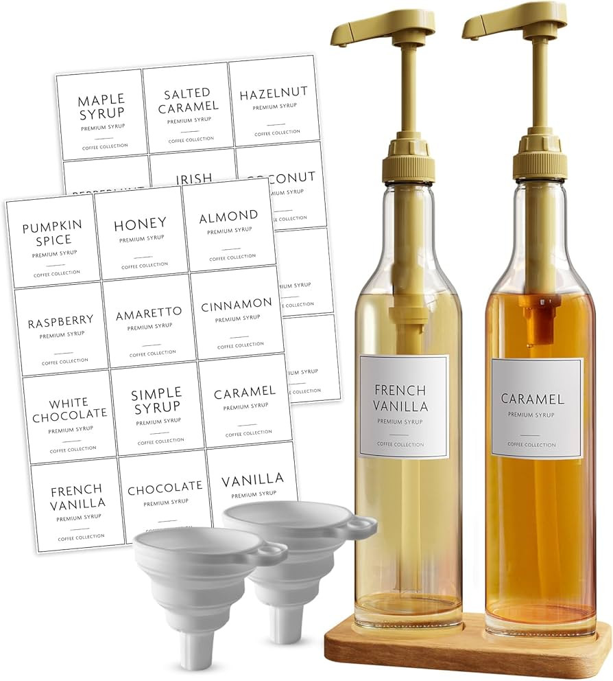 Coffee Syrup Dispenser Set, Coffee Bar Accessories, 500ml Glass Syrup Bottle Set with Labels, Sil... | Amazon (US)