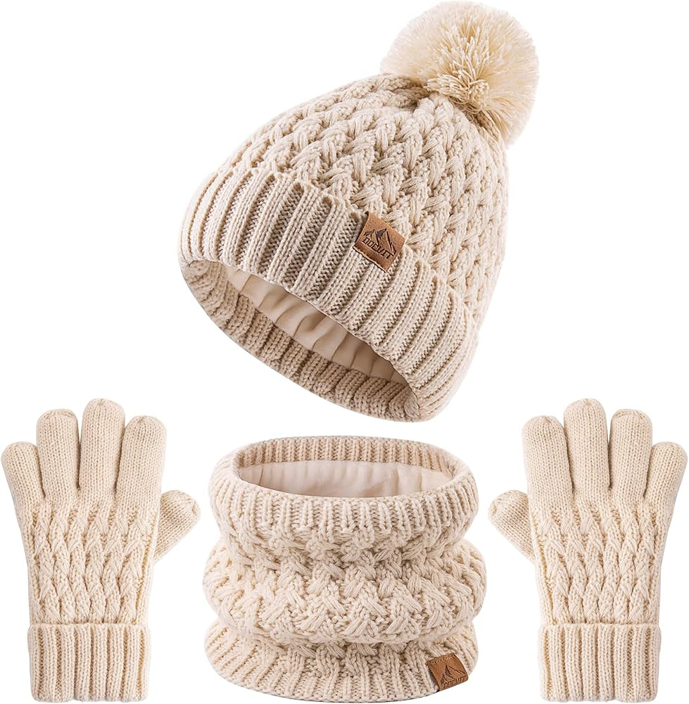 Kids Pompom Winter Beanie Hat Scart Gloves Set,Boys Girls Knitted Fleece Lined Woollen Hat for Ch... | Amazon (US)