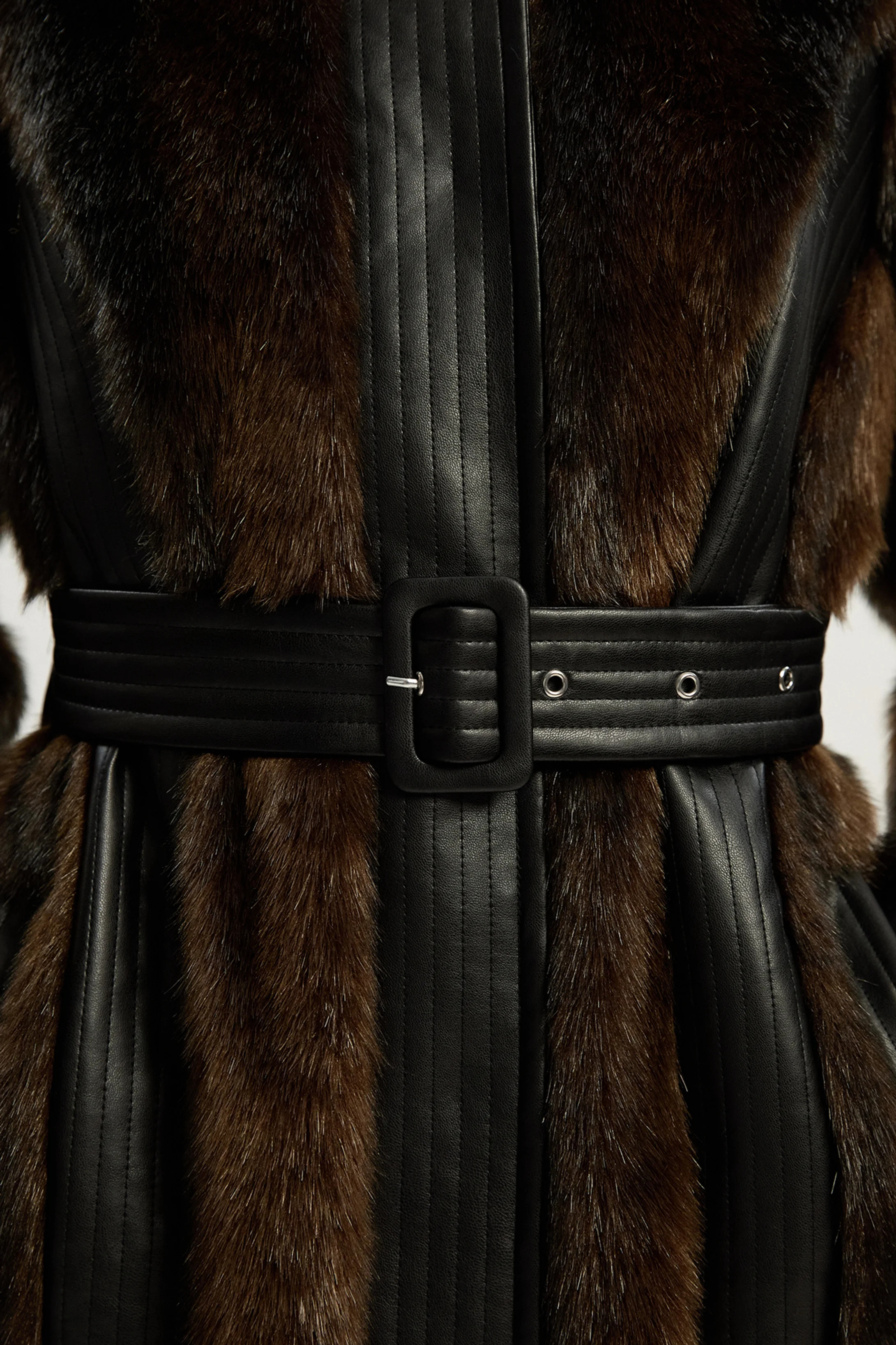 Petite Faux Fur PU Panelled Belted Midi Coat | Karen Millen UK + IE + DE + NL