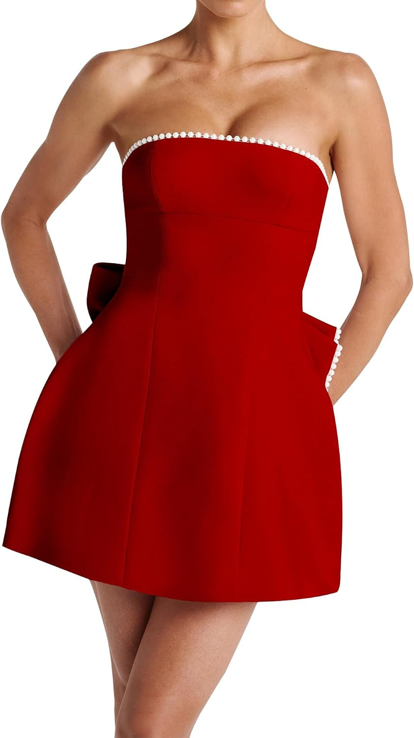 Women's Summer Sexy Strapless A-Line Sleeveless Mini Dress Off The Shoulder Backless Cute Pearl Bow Dress | Amazon (US)