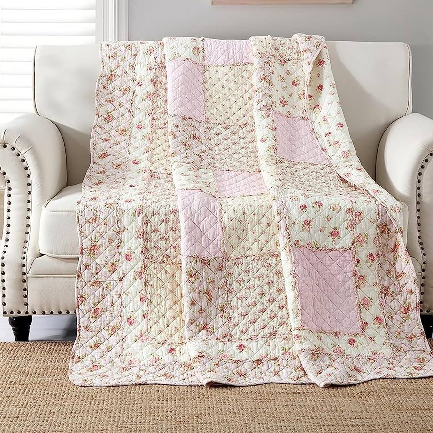 Qucover Single Bedspread Quilted Throw Soft 100% Cotton Pink Floral Patchwork Quilt 150x200 cm De... | Amazon (UK)