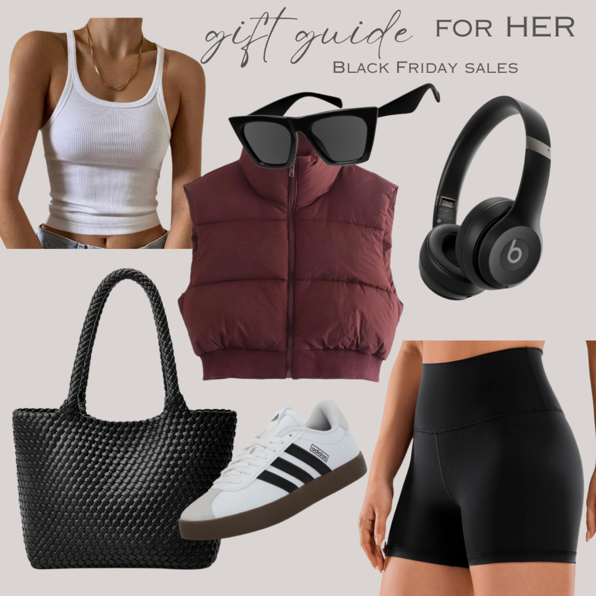 Gift Guide - For Her! 


Woven tote bag, sunglasses, biker shorts, puffer jacket, tank top, beats headphones 

#amazon 

#LTKHoliday #LTKGiftGuide