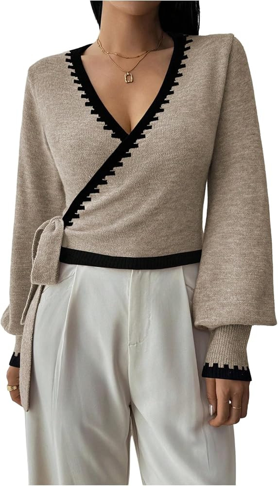 SHENHE Women's V Neck Wrap Sweater Pullover Slim Fit Knit Crop Top Sweater | Amazon (US)
