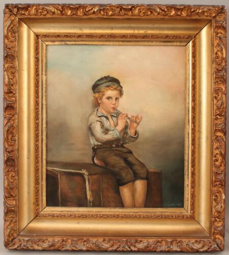 Antique Signed Genre Portrait Oil Painting Young Boy & Flute Gilt Gesso Frame NR  | eBay | eBay AU