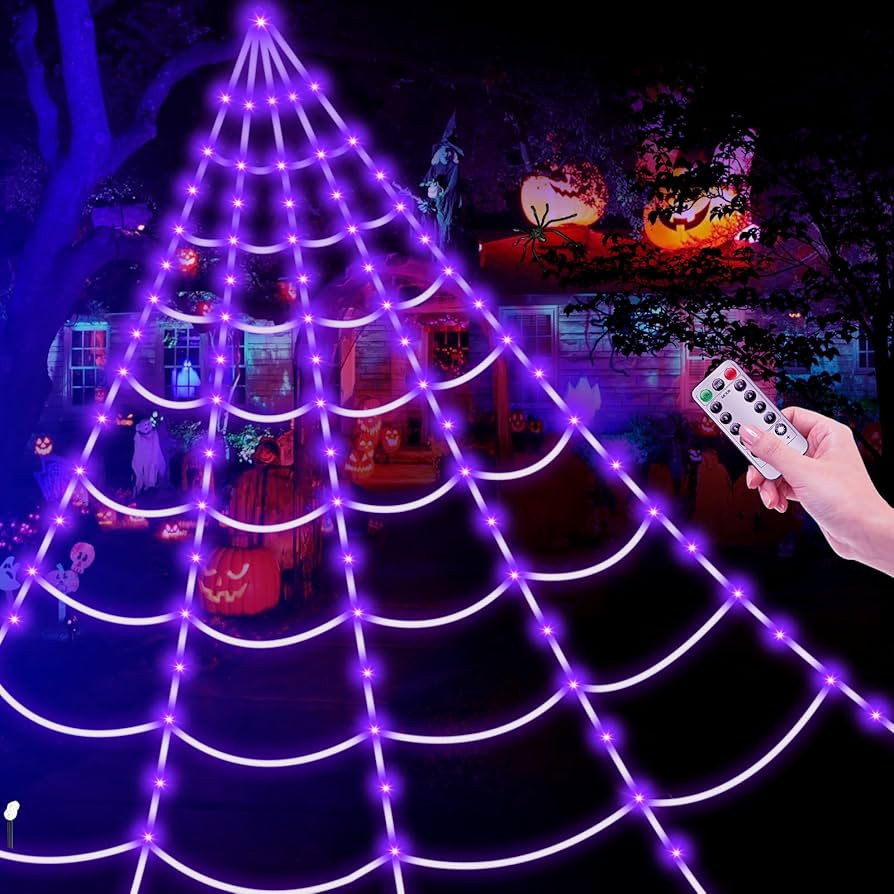 Brighter Spider Webs Halloween Decorations Lights,2023 Upgrade 250 Purple LED Light Up,8 Modes 16... | Amazon (US)
