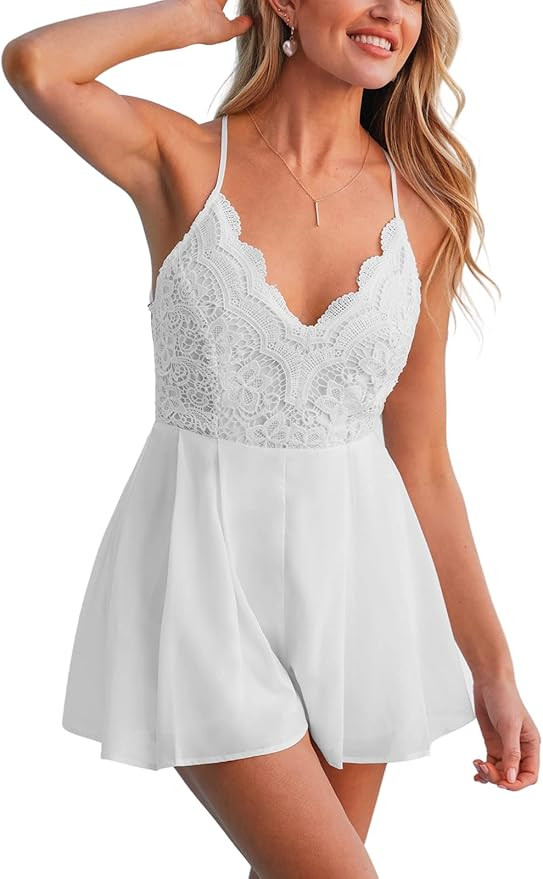 CUPSHE Women's Scalloped Lace V Neck Short Romper Cami Straps Mini Jumpsuit | Amazon (US)