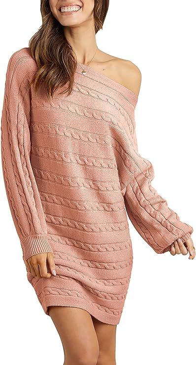Amazon.com: KIRUNDO Women’s 2022 Fall Winter Off Shoulder Sweater Dress Cable Knit Long Sleeve ... | Amazon (US)