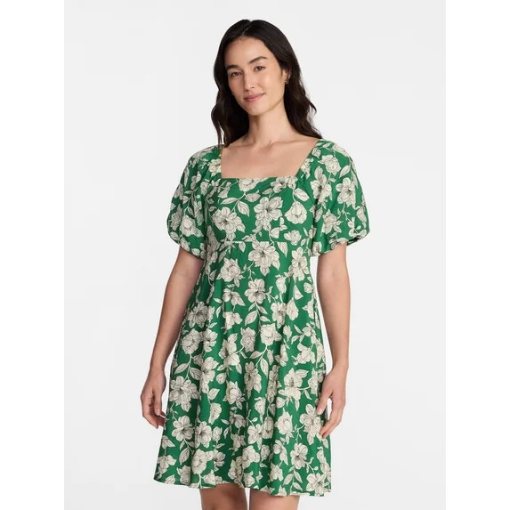 Time and Tru Women's Airflow Mini Dress with Puff Sleeves, Sizes XS-XXXL | Walmart (US)