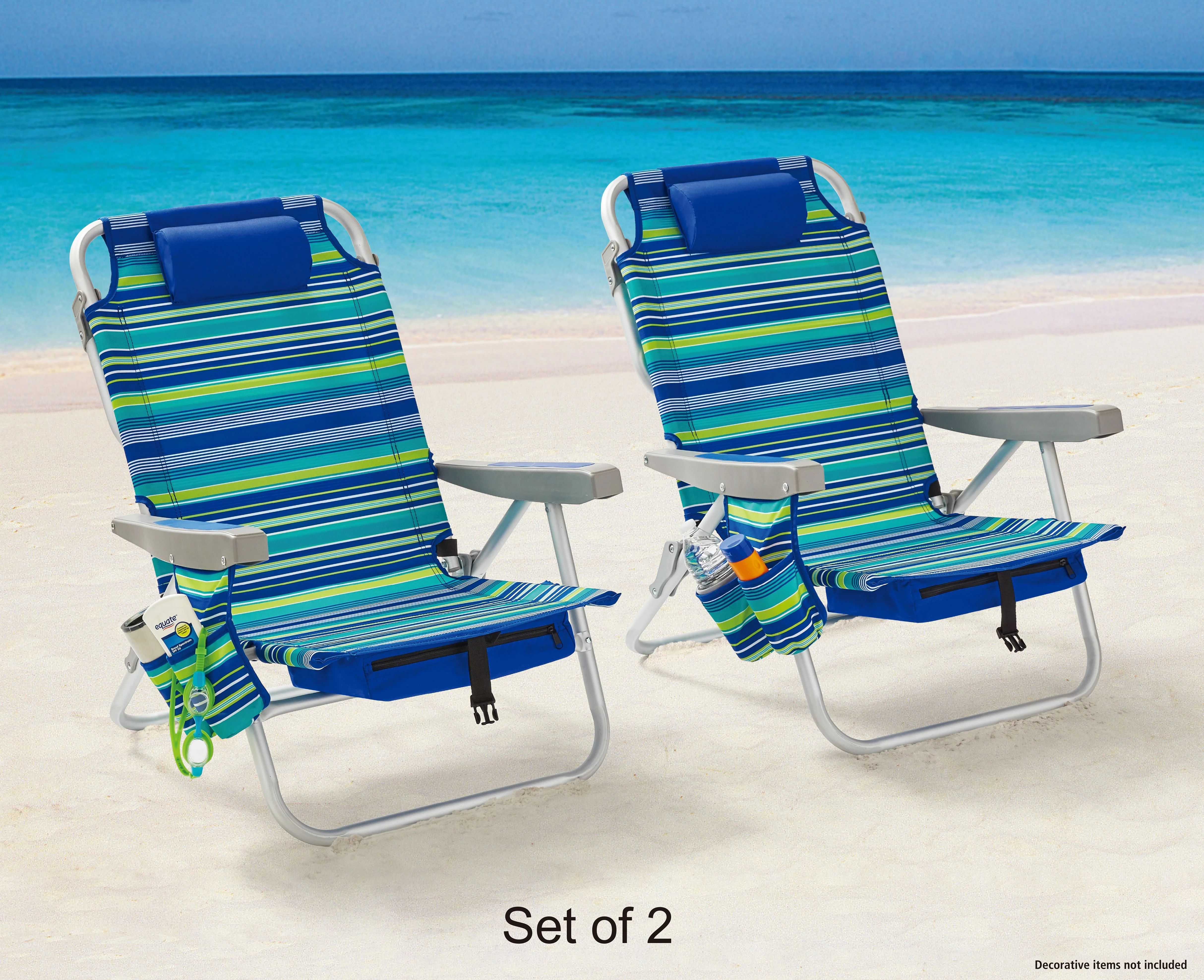 2-Pack Mainstays Reclining Beach & Event Lay-Flat Backpack Chair Blue & Green Stripe - Walmart.co... | Walmart (US)