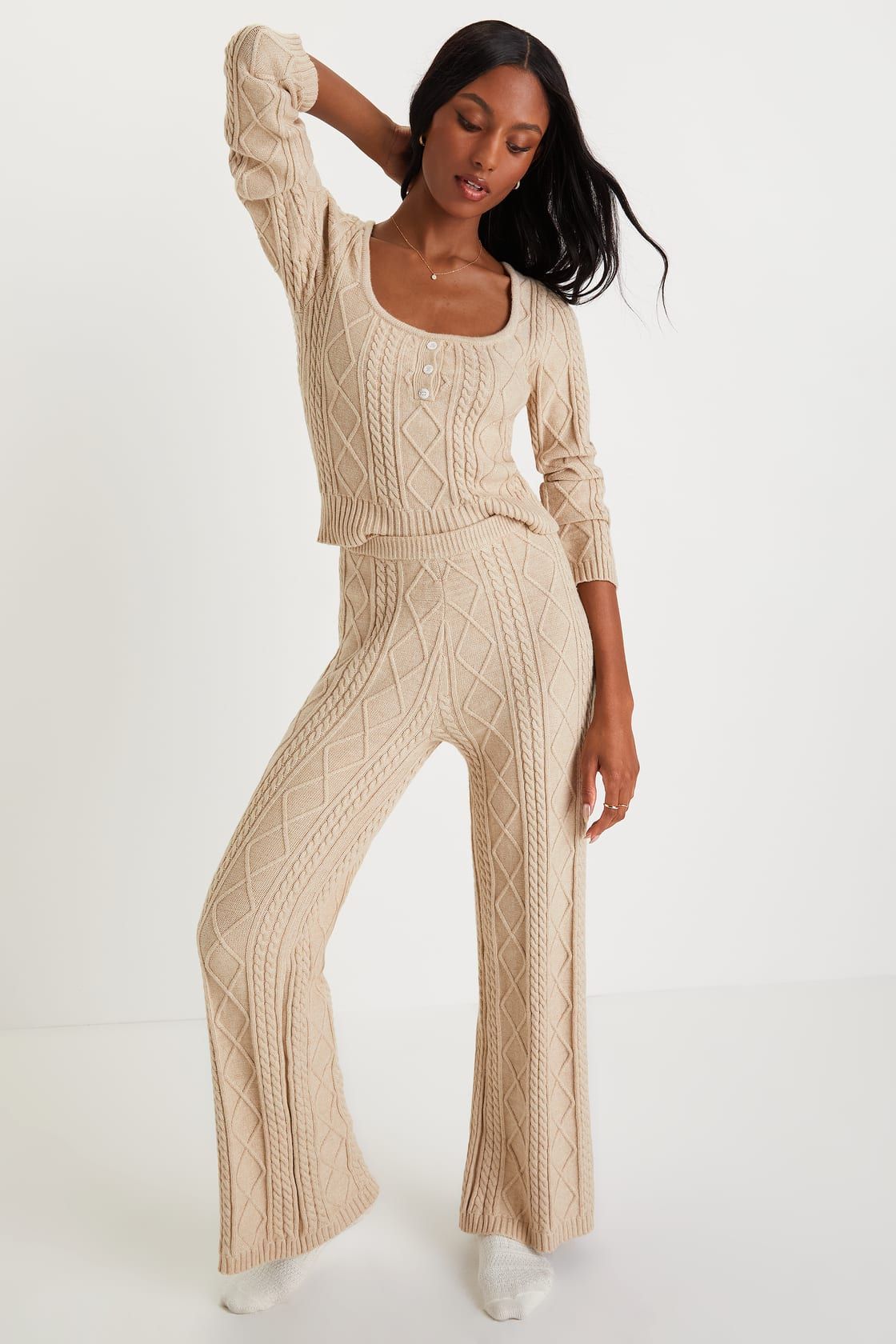 Welcoming Warmth Beige Cable High Rise Wide Leg Sweater Pants | Lulus (US)