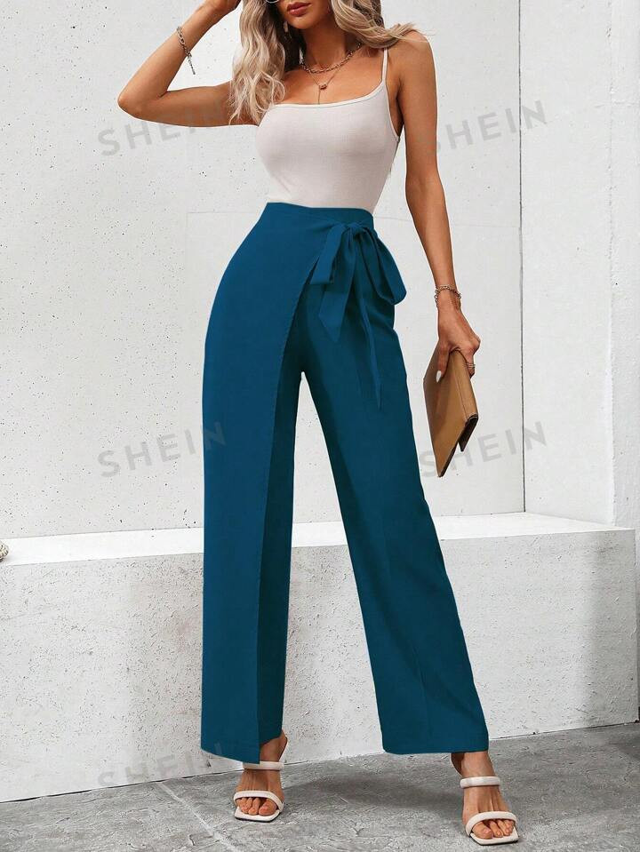 SHEIN Privé Solid Color Wrapped Tie Straight-Leg Pants | SHEIN