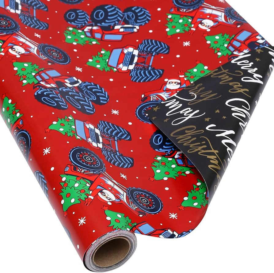 AUCLAY Reversible Christmas Wrapping Paper Roll for Kids Men Women Baby - Red Monster Truck & San... | Amazon (US)