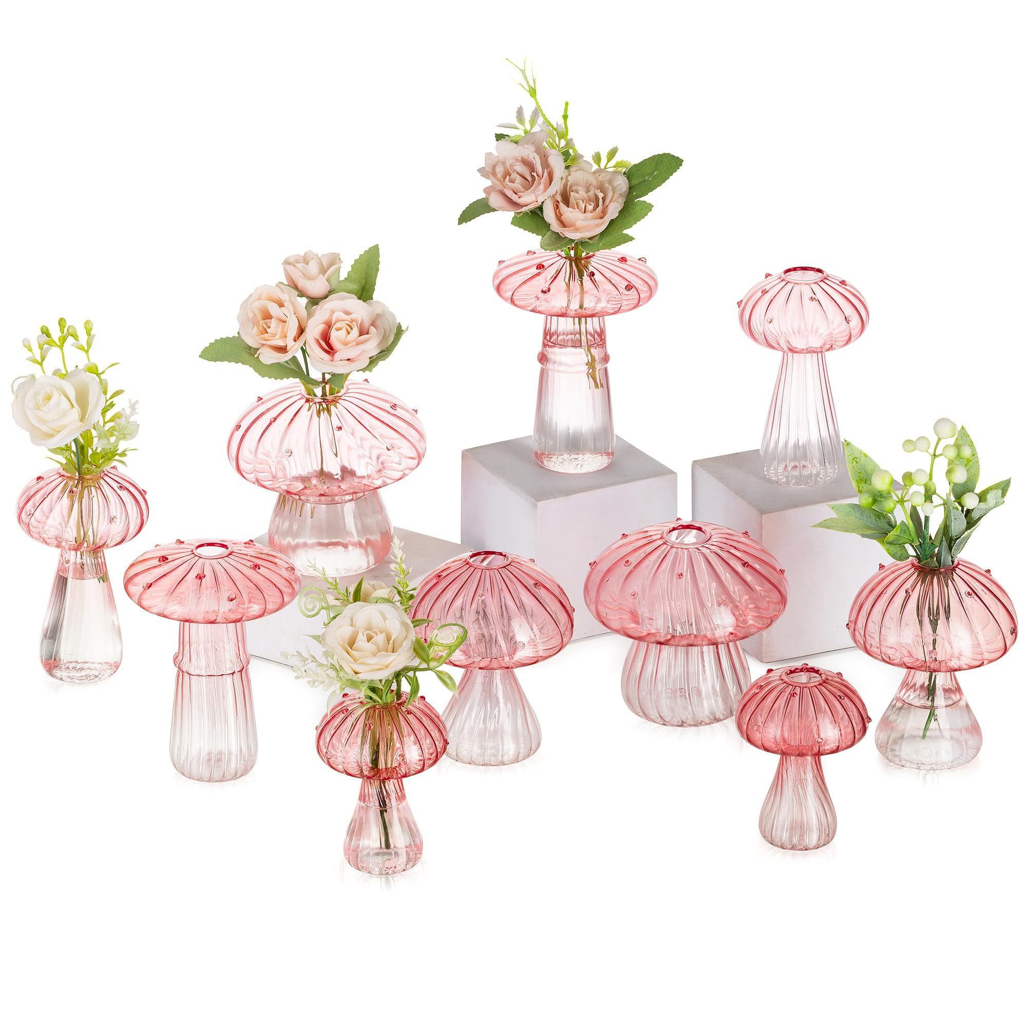 Glasseam Pink Glass Mushroom Vase: Cute Small Flower Vase Set of 10 Unique Mini Bud Vases for Cen... | Amazon (US)