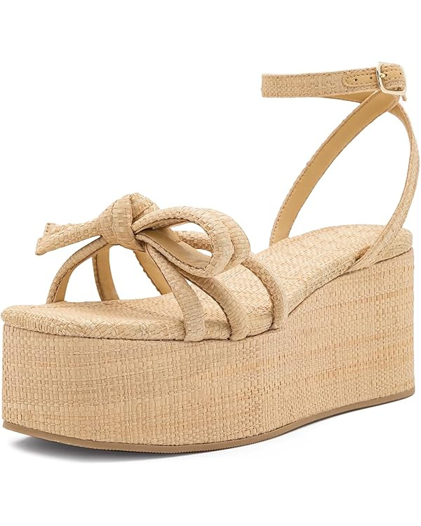 Raffia Platform Sandals for Women,Bow Ankle Strappy Espadrille Wedges Sandals Comfortable Square ... | Amazon (US)