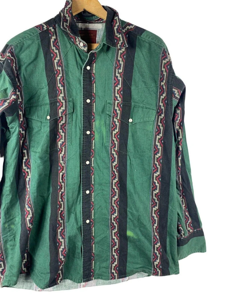 Vtg Rustler Wrangler Pearl Snap Shirt Large Mens Southwestern Rodeo Cowboy Green - Etsy | Etsy (US)