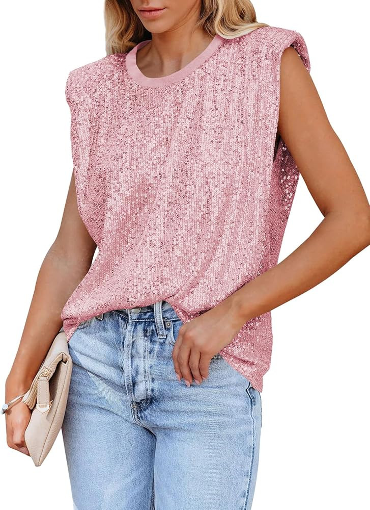 miduo Womens Crewneck Sequin Shoulder Padded Tops Sparkle Shimmer Blouses Shirts and Tops | Amazon (US)