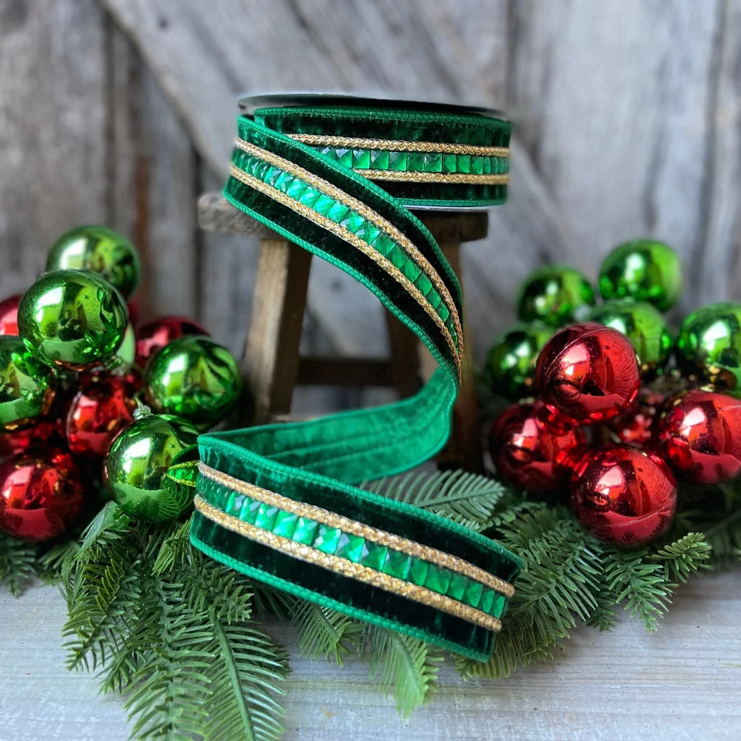 Green Emeral Cut Gemstones Ribbon, 1.5" Emerald velvet jeweled ribbon, Christmas Ribbon, Jeweled ... | Etsy (US)