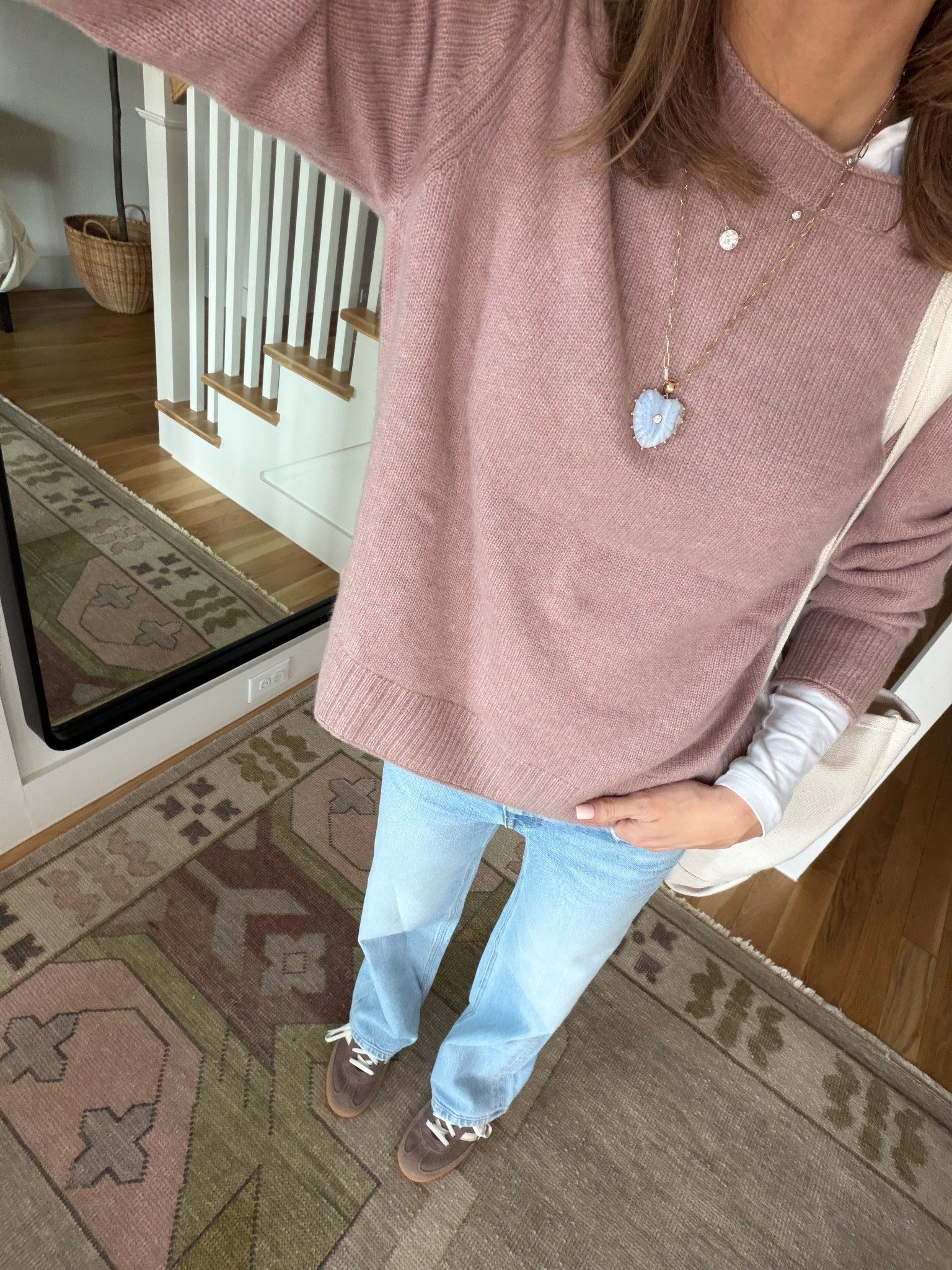 Quince baby pink sweater and AYR jeans! 