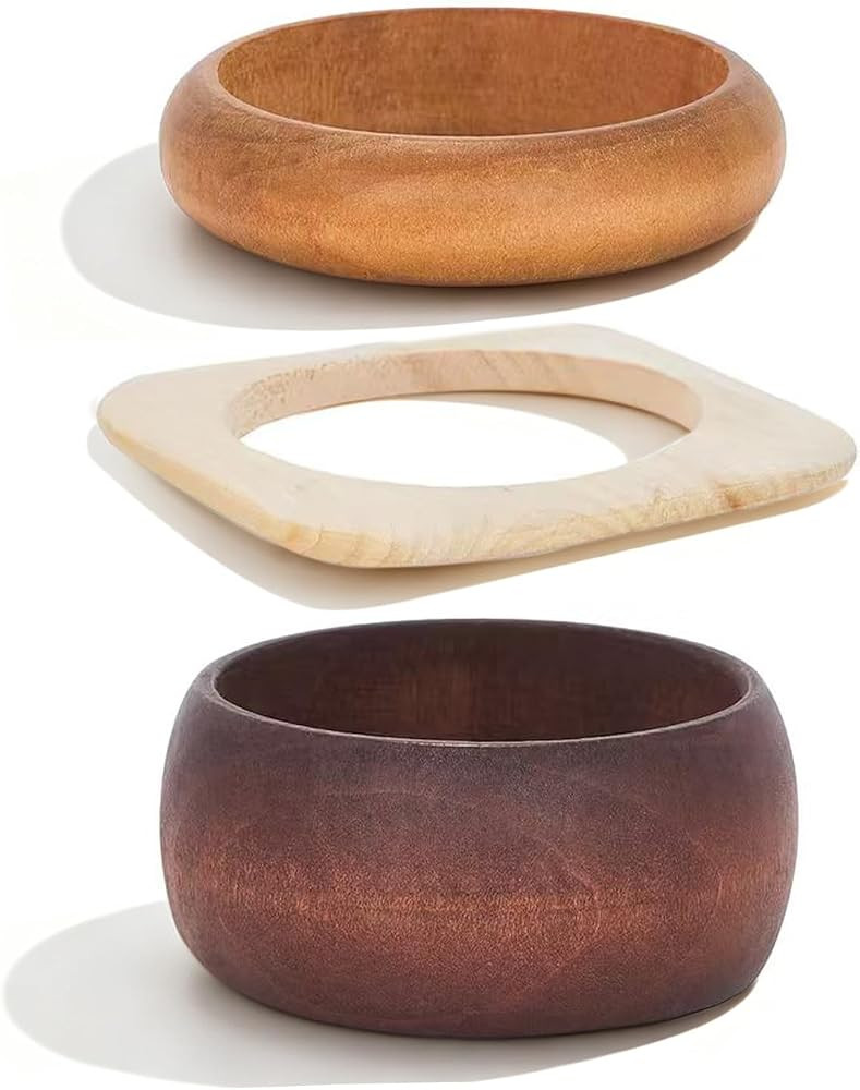 3 Pcs Natural Wood Bangle Bracelet for Women Boho Chunky Stackable Wooden Bangles Set,Wide Irregu... | Amazon (US)