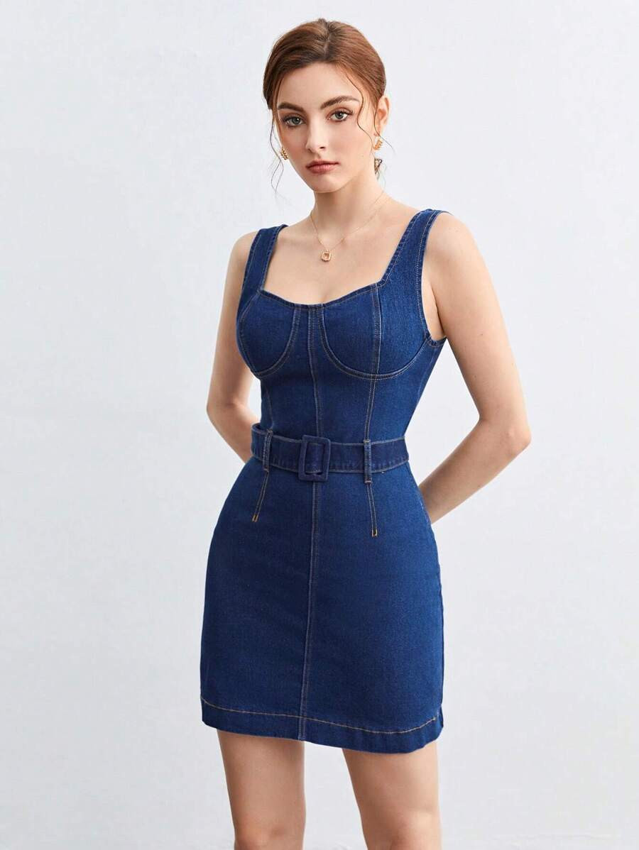 SHEIN BIZwear Cotton Low Back Buckle Belted Denim Dress Workwear | SHEIN