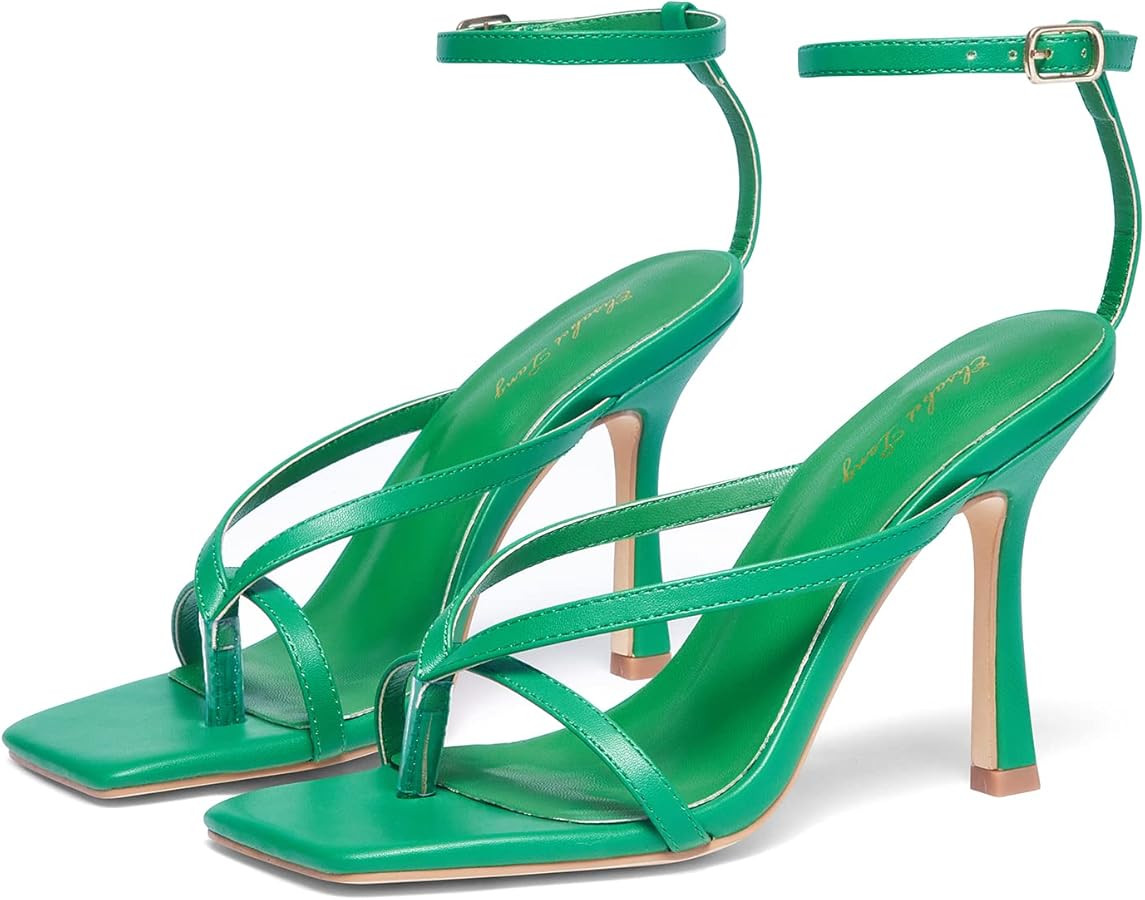 Elisabet Tang Womens Square Toe Heeled Sandals,4.3 inch Square Toe Thong Strappy Ankle Strap Stil... | Amazon (US)