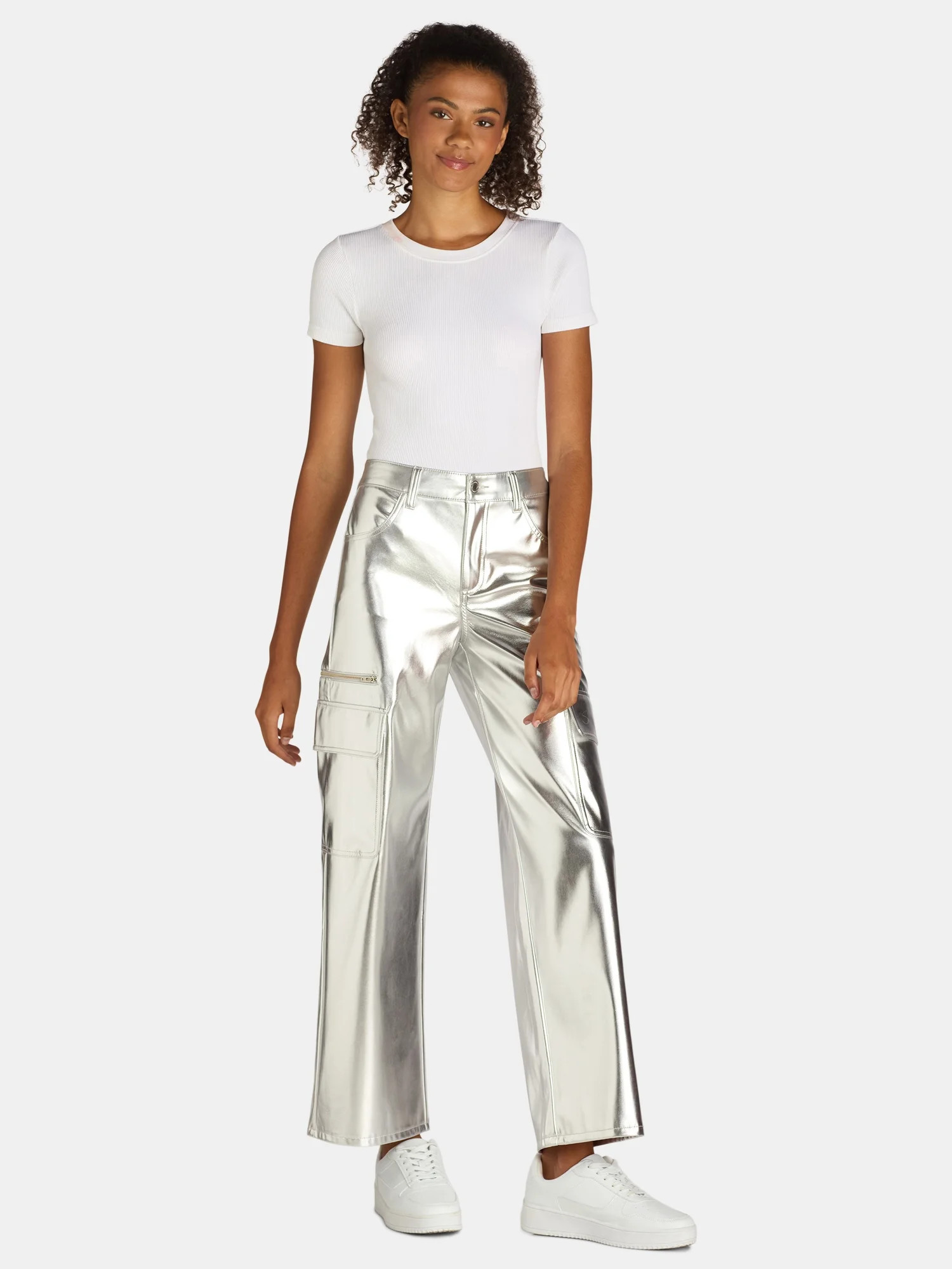 No Boundaries High Rise Metallic Cargo Pants, 30.5" Inseam, Women's | Walmart (US)