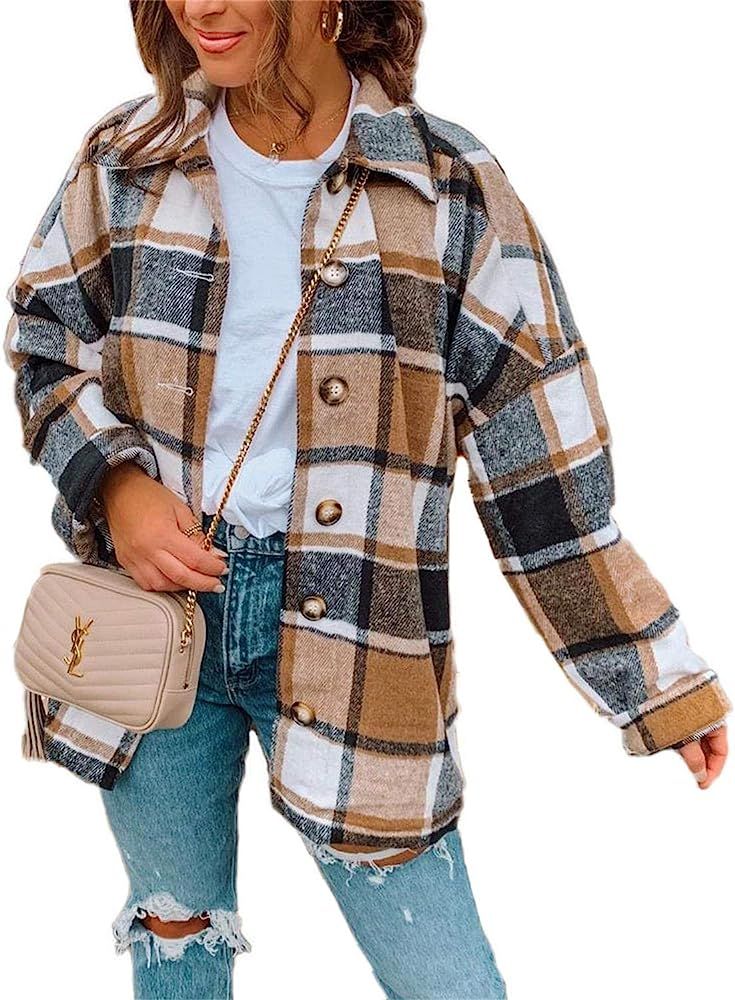 Women Long Sleeve Flannel Plaid Shirts Casual Button Down Shirt Jacket Cardigan | Amazon (US)