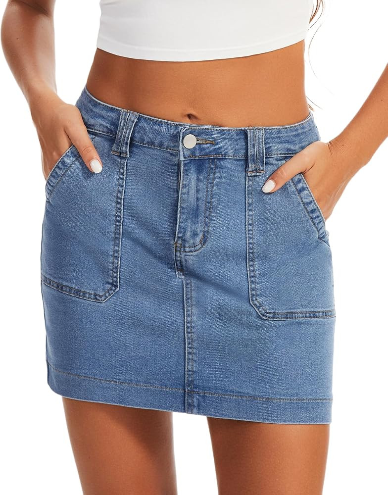 Denim Skirts for Women Stretchy High Waisted Jean Skirt with Large Pockets Casual Cute Denim Skirt | Amazon (US)