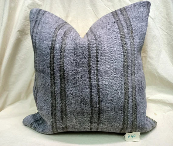Organic Pillow 24"x24" inches Anatolian Handmade Decorative Pillow Cover Gray Oversize Pillow Hem... | Etsy (US)