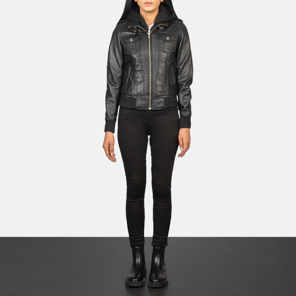 Roslyn Black Hooded Leather Bomber Jacket | The Jacket Maker