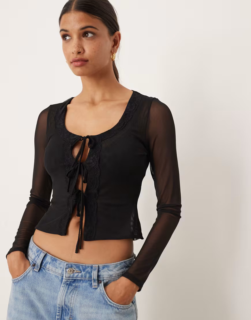 ASOS DESIGN mesh lace trim long sleeve tie front top in black-Multi | ASOS (Global)