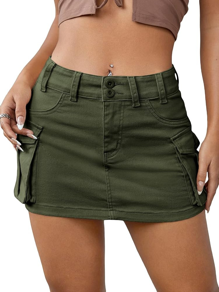 WDIRARA Women's Low Waist Button Bodycon Mini Cargo Denim Skirt with Pocket | Amazon (US)