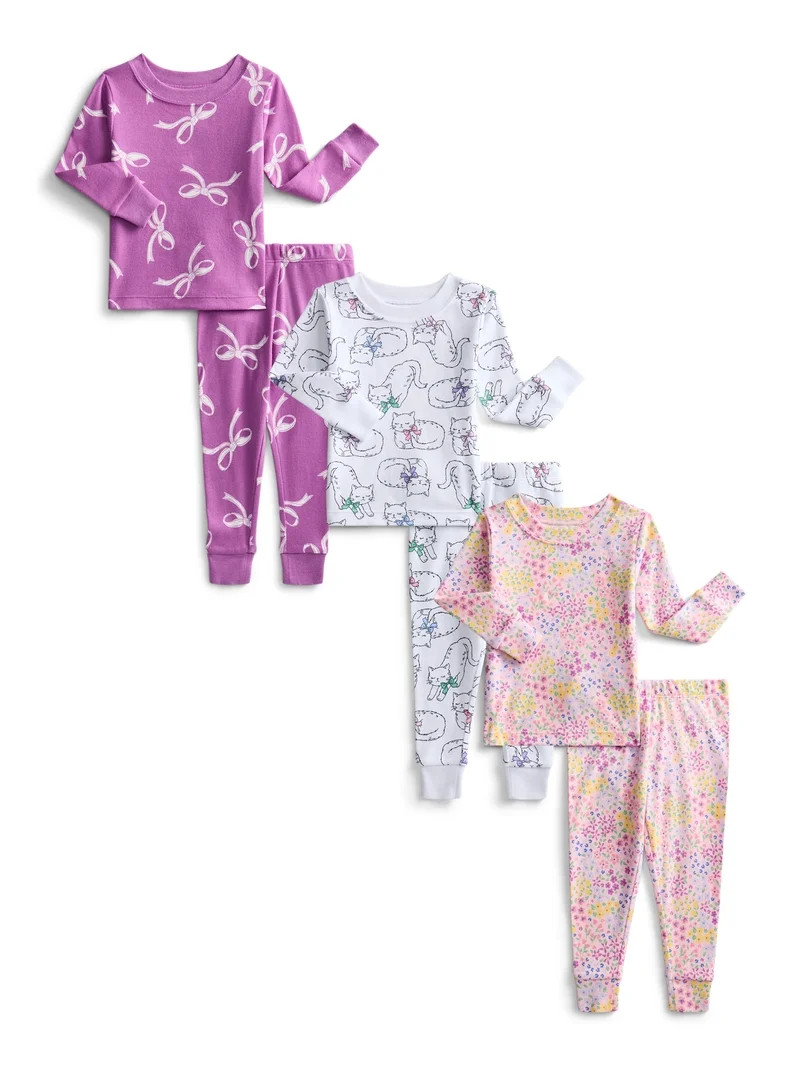 Wonder Nation Toddler Boys or Girls Cotton Long Sleeve Top and Pants Pajama Set, 6-Piece, Sizes 1... | Walmart (US)