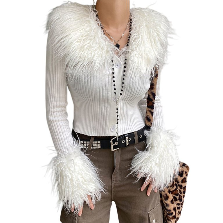 Blotona Women Fur Trim Cardigan Tops Long Sleeve Open Front Knitted Sweater Sexy Fluffy Crop Card... | Walmart (US)