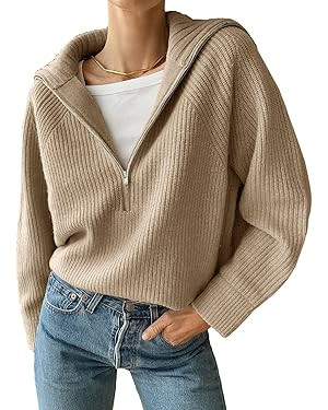 BTFBM Women’s Casual Long Sleeve Half Zip Pullover Sweaters Solid V Neck Collar Ribbed Knitted ... | Amazon (US)