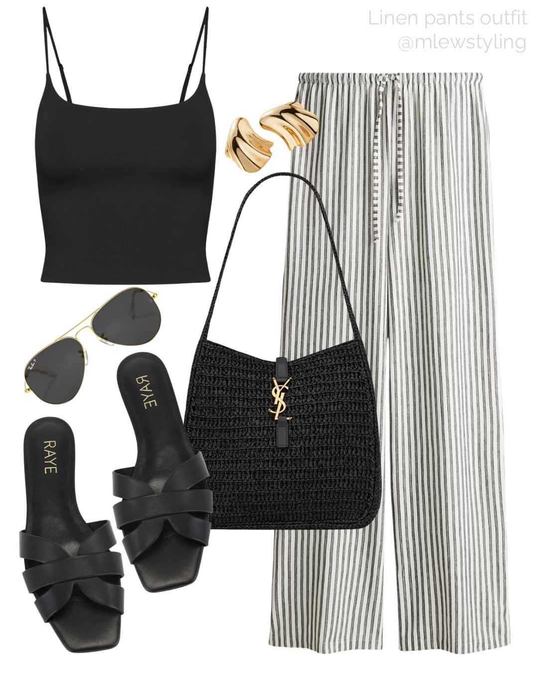 Elevated summer outfit with striped linen pants 🖤

Tags: neutral outfit, ysl raffia bag, raye leather slide sandals, rayban aviator sunglasses, aritzia black cami, Jenny bird gold earrings, chic everyday look, new-in H&M 

#LTKStyleTip #LTKFindsUnder50 #LTKItBag