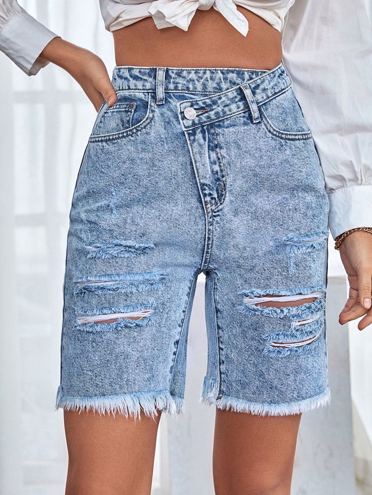 Asymmetrical Waist Ripped Raw Cut Denim Shorts | SHEIN