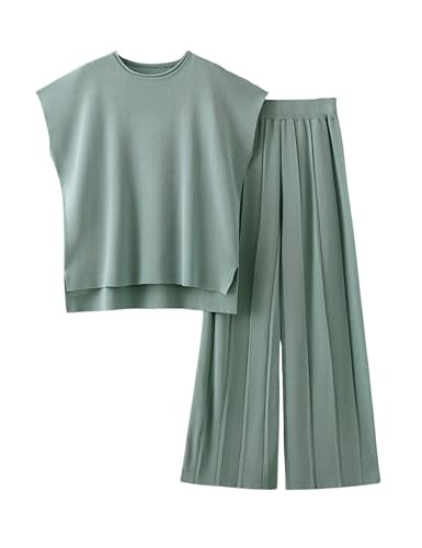 HangNiFang 2 Piece Sweater Sets for Women Knit Outfits Short Sleeve Knit Pullover Tops Wide Leg Pants(1193-Green-XL) | Amazon (US)