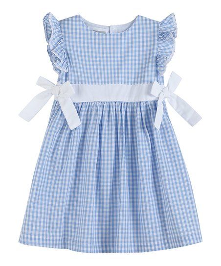 Light Blue Gingham Angel-Sleeve Bow-Waist Dress - Infant, Toddler & Girls | Zulily