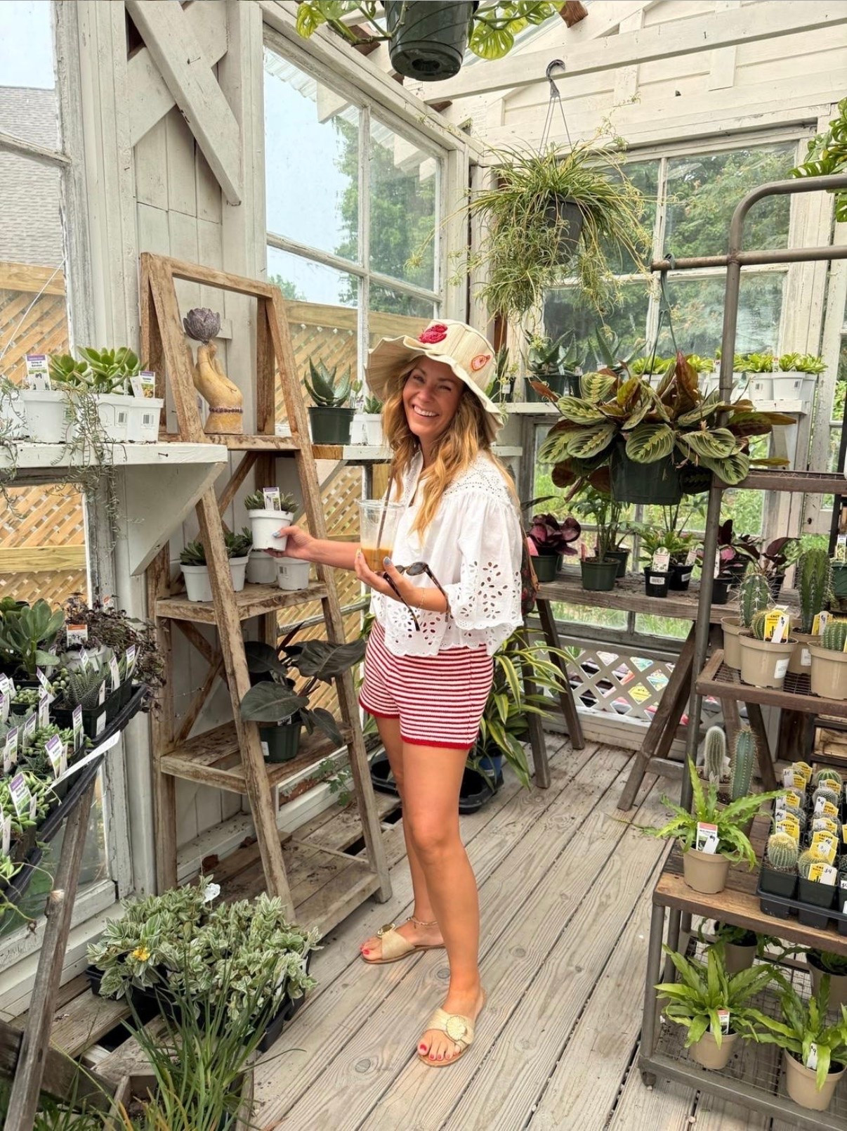 Sunshine, stripes, and a little plant shopping 🌿❤️ This eyelet top and striped shorts combo is one of those easy outfits that feels effortlessly put together. Perfect for farmers markets, garden centers, brunch, vacation days, or any warm afternoon that calls for something cute and comfortable.

eyelet blouse, striped shorts, summer outfit, coastal style, garden center outfit, vacation outfit, casual chic, resort wear, beach town style, neutral sandals, feminine fashion, everyday summer look, petite style.