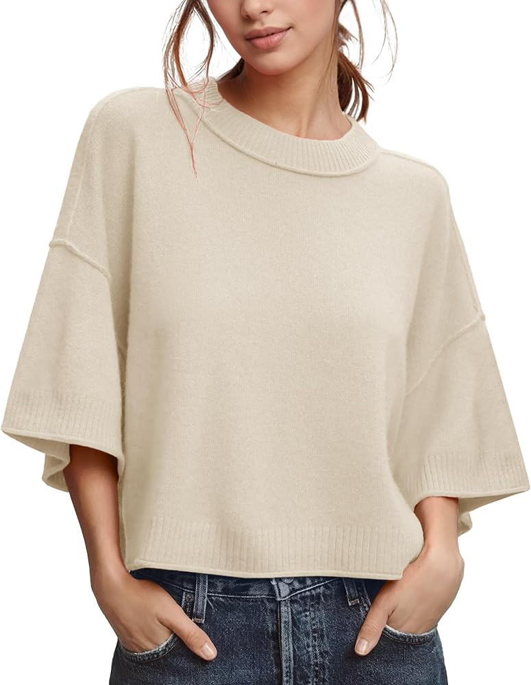 ZDC Women's Oversized Sweaters Summer 3/4 Sleeve Casual Cropped Tops Lightweight Loose Fit Knit P... | Amazon (US)