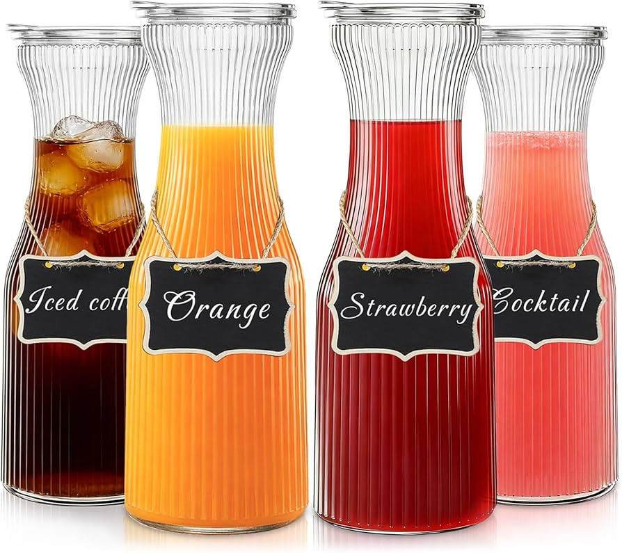 INSETLAN 1 Liter Ribbed Glass Carafe with Lid, Set of 4- Juice Carafe for Mimosa Bar, Brunch,Part... | Amazon (US)