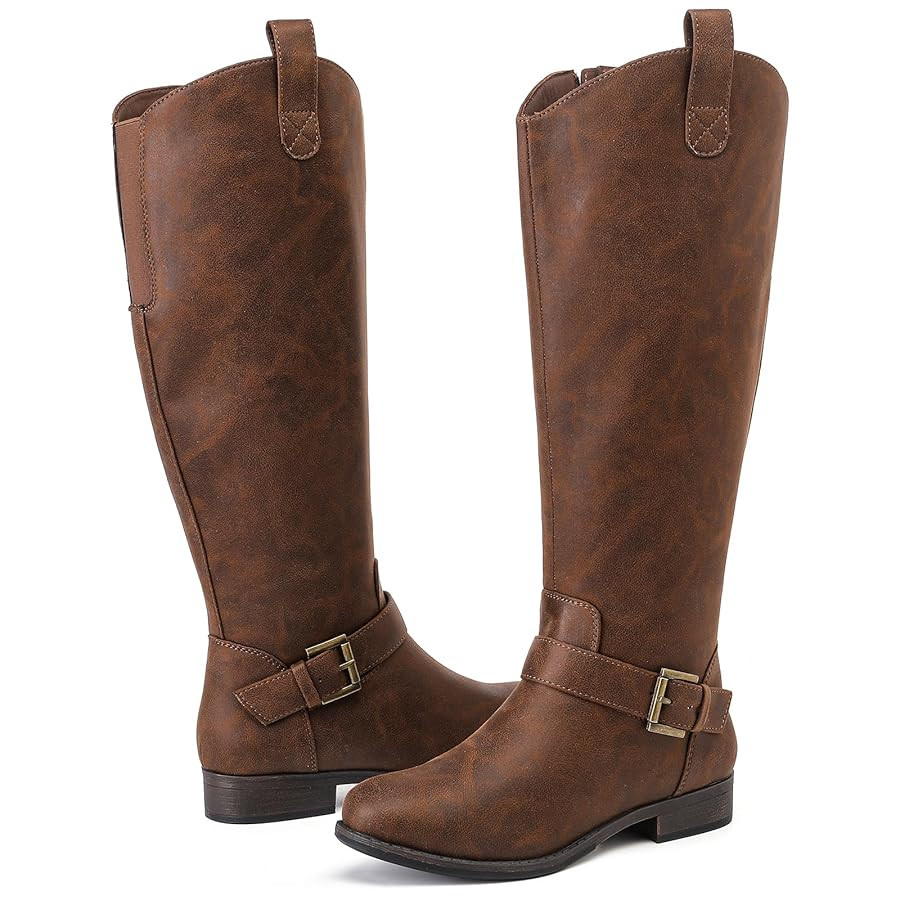 Women's Knee High Boots - Comfortable Wide Calf Side Zipper Riding Shoes Round Toe Buckle Casual ... | Amazon (US)