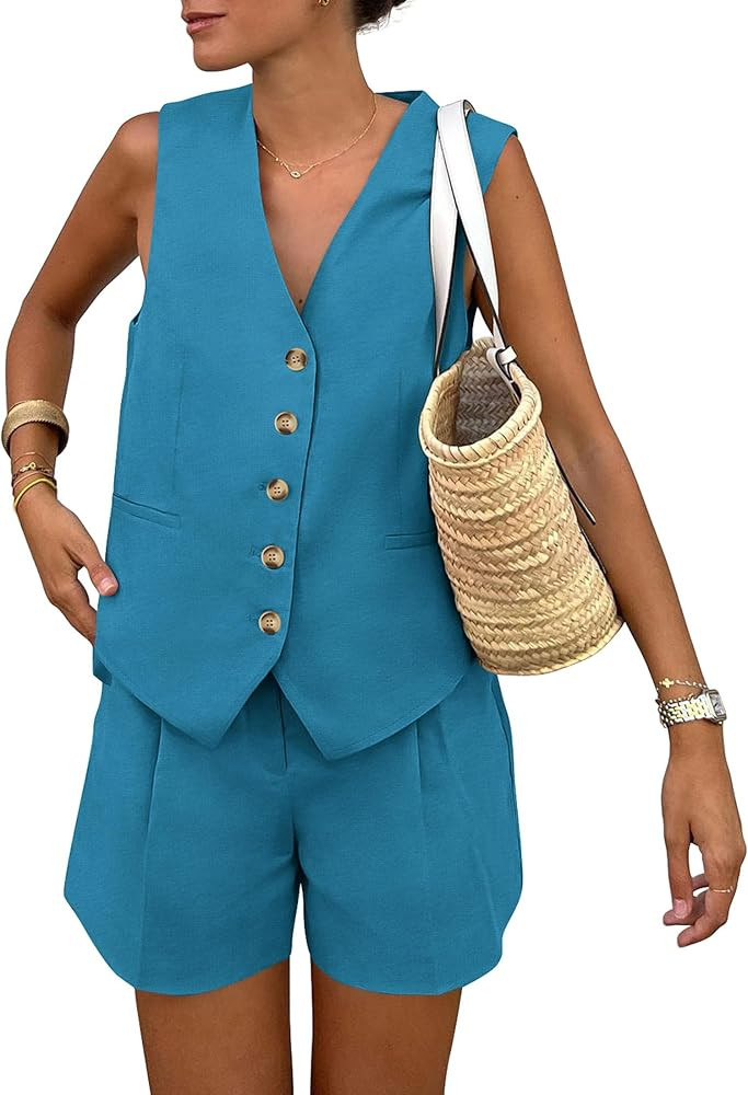 PRETTYGARDEN Women's Summer 2 Piece Outfits Sleeveless Matching Sets Button Down V Neck Vest Wais... | Amazon (US)