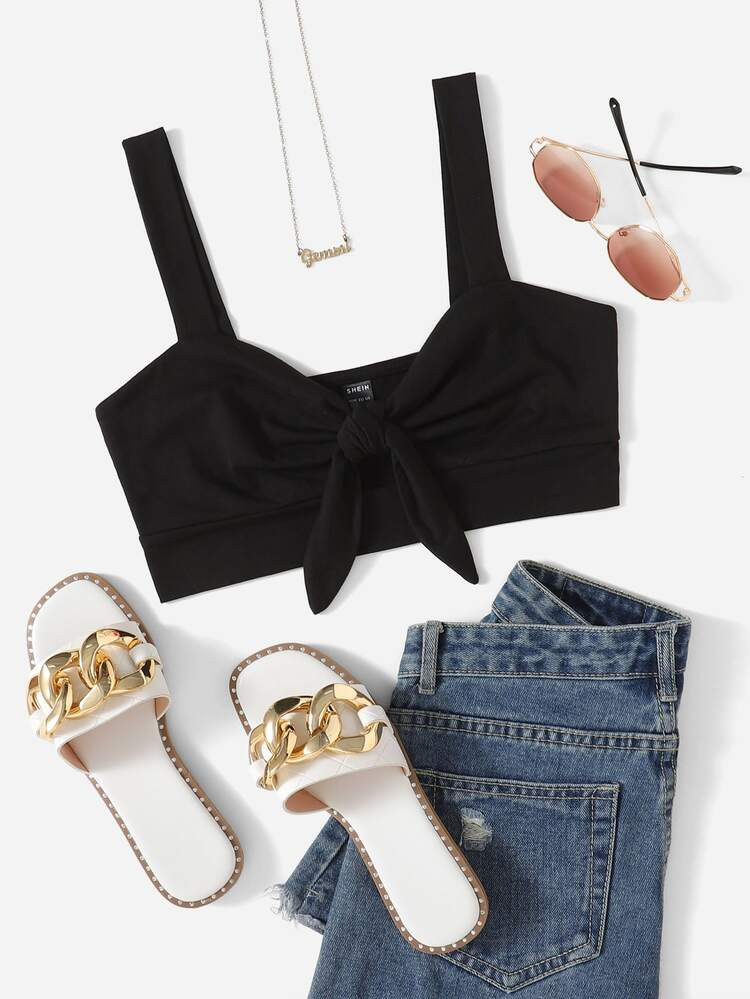 SHEIN VCAY Knot Front Solid Crop Cami Top | SHEIN