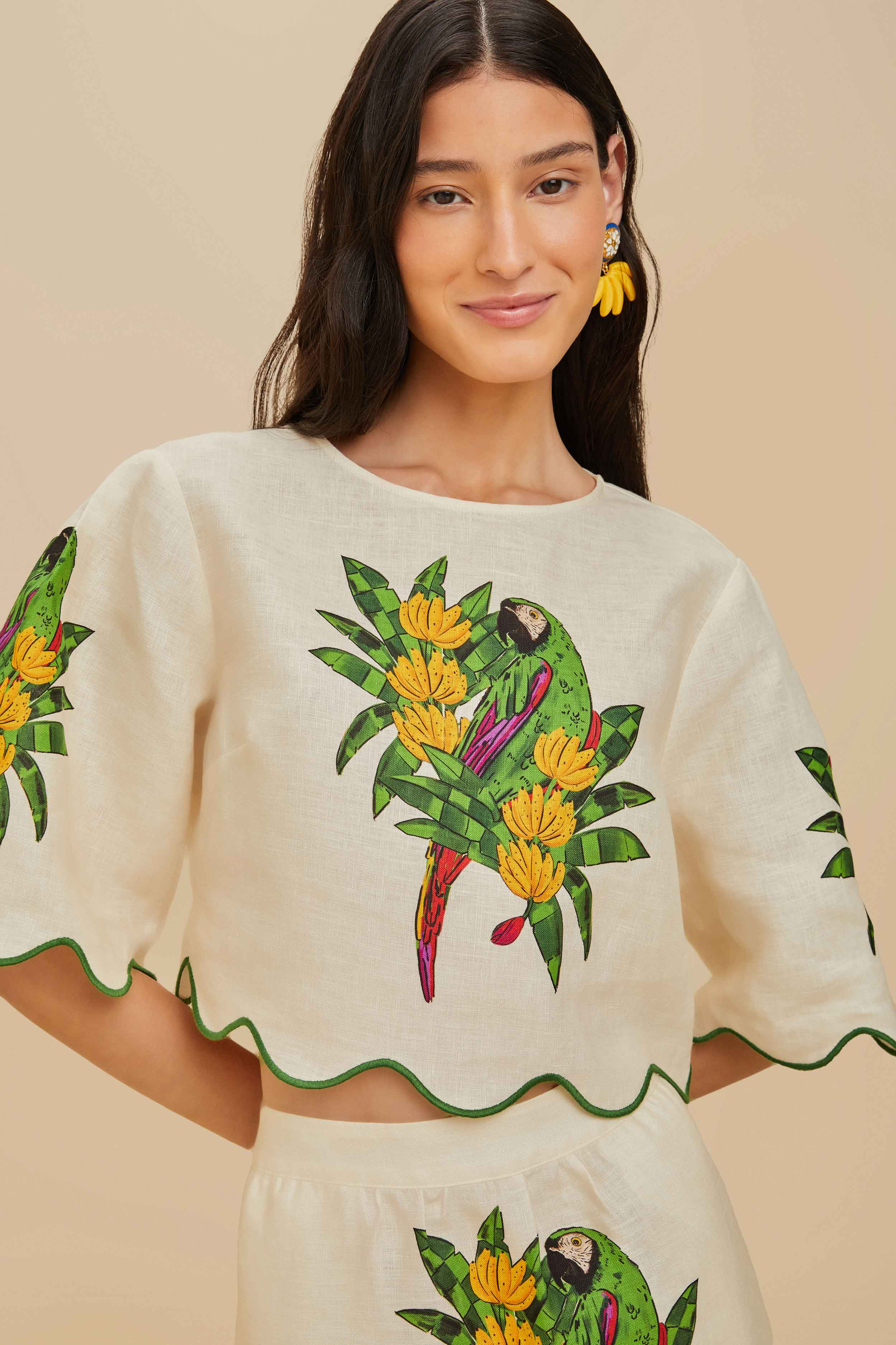 Off-White Maracana Bird Euroflax™ Premium Linen Blouse | FarmRio (US)