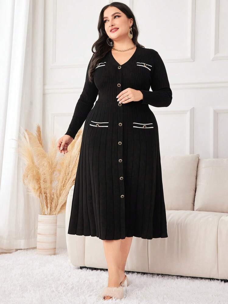 SHEIN Modely Plus Button Front Single Breasted Ribbed Knit Sweater Dress, For Winter | SHEIN