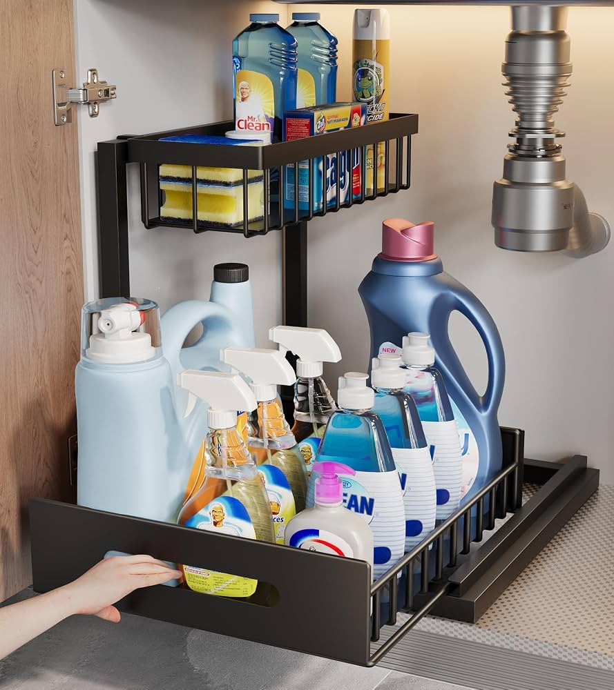 Under Sink Organizer, 2-Tier Under Kitchen Bathroom Sink Organizers and Storage No Drilling Rustp... | Amazon (US)